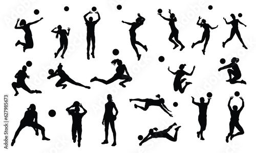Set of female volleyball players silhouettes isolated vector team sports and beach volleyball