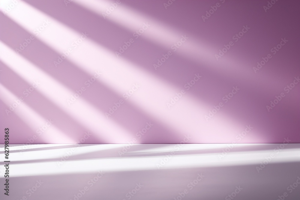 empty pastel purple background for product presentation with shadow and light from windows, created generative ai.