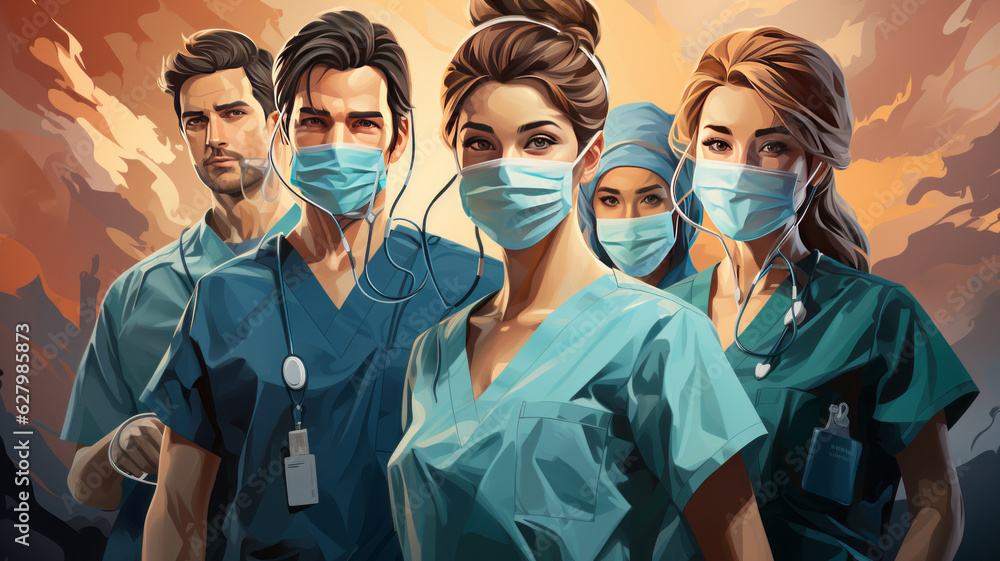 Illustration of doctors and nurses characters wearing masks.generative ai - obrazy, fototapety, plakaty 