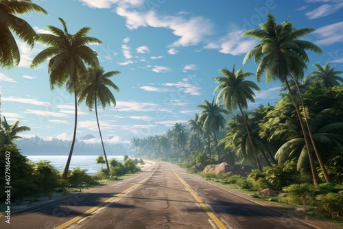 Coastal road palm tree view. Generate Ai