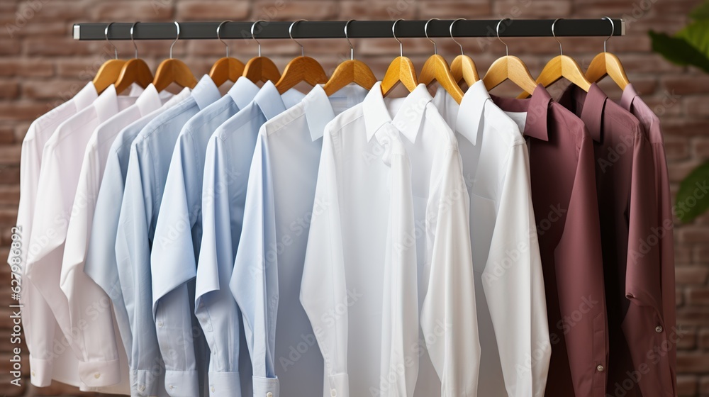 a wooden hanger displays a collection of shirts in diverse colors a wooden hanger displays a collection of shirts in diverse colors