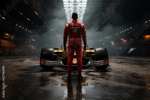 Studio masterpiece, Back view of awardwinning Formula 1 driver and car Generative AI © shaista