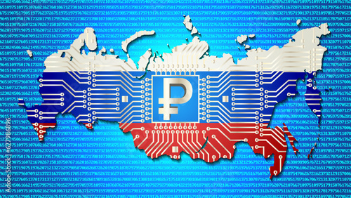Vector 3D Russian digital ruble symbol. Map of the Russian Federation in the colors of the national flag and with a computer scheme. Against the background of pixel numbers. photo