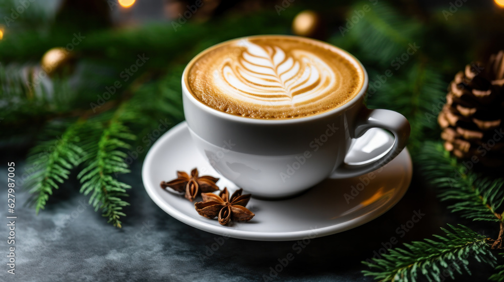 Delicious fresh festive morning cappuccino coffee in a ceramic blue cup on the warm cover with little wrapped gifts, red ornamentals, fireflies and spruce branches