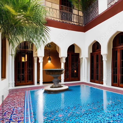 A Moroccan-style courtyard with colorful tiles, a central fountain, and mosaic seating area2 photo