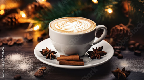 Delicious fresh festive morning cappuccino coffee in a ceramic blue cup on the warm cover with little wrapped gifts, red ornamentals, fireflies and spruce branches