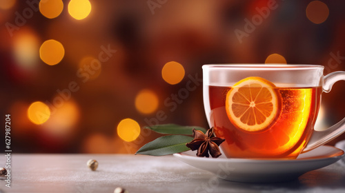 Hot drink cocktail for New Year, Christmas, winter or autumn holidays. Toddy. Mulled pear cider or spiced tea or grog with lemon, pear, cinnamon, anise, cardamom, rosemary.