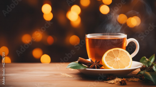 Hot drink cocktail for New Year, Christmas, winter or autumn holidays. Toddy. Mulled pear cider or spiced tea or grog with lemon, pear, cinnamon, anise, cardamom, rosemary. photo