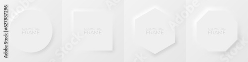 3d realistic frame set for your product. White and grey minimal geometric background with light and shadow. Neumorphism style.