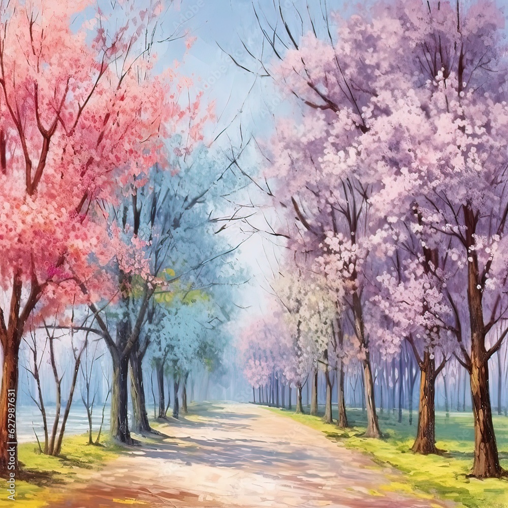landscape with sakura  trees and water