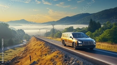 the car with the majestic mountain and serene sea in the background © Dita