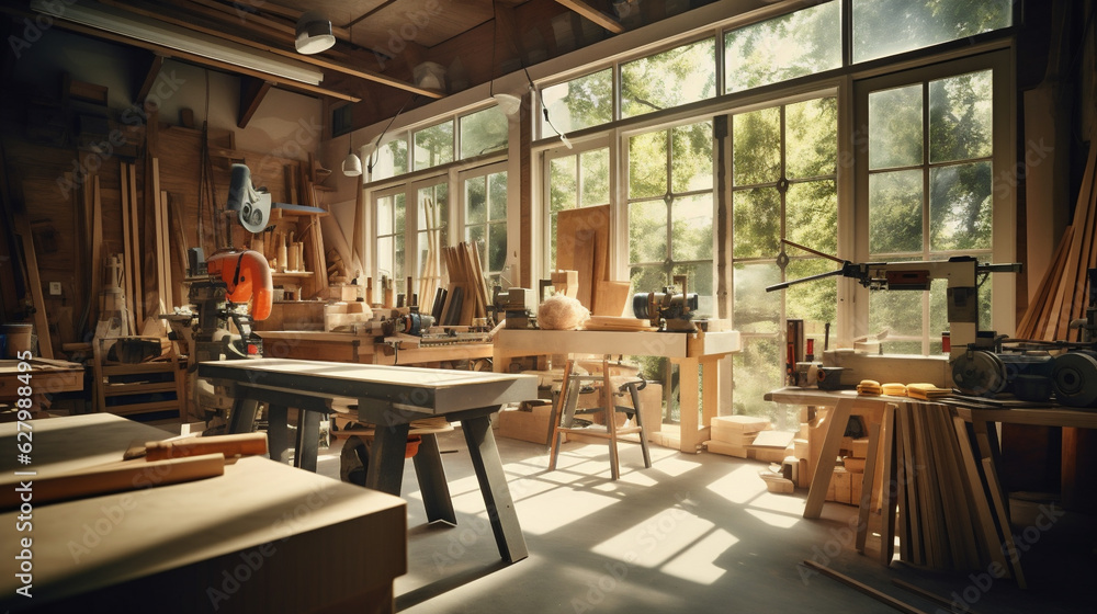 Modern Wood Shop, Work Shop With Tools Hanging on the Wall, A Room By the Window, Well Lit by Natural Light. Generative AI