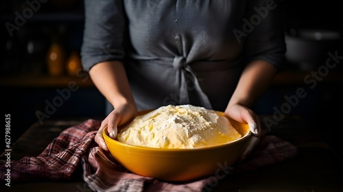 female hands hold a bowl of cornmeal dough. Gluten free
