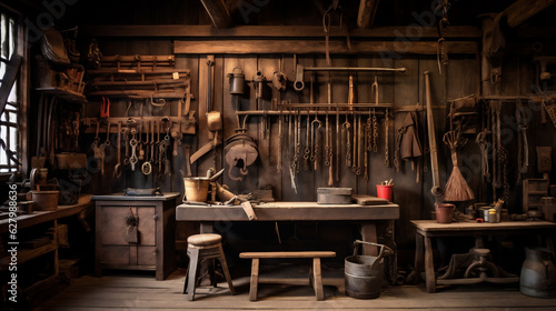 Rustic Wood Shop, Work Shop With Old Rusted Tools Hanging on the Wall, Old Timey Rustic Feel, Generative AI