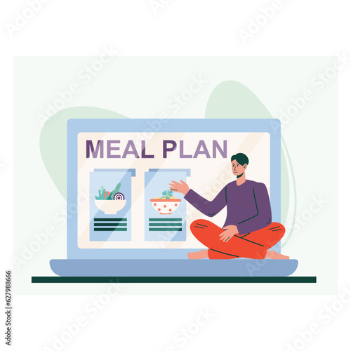 Male sitting on laptop and reading on website about meal plan. Recipe of healthy diet with vegetables. Choose meal plan on web page. Online modern technology. Flat vector illustration in cartoon style