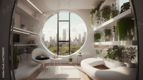 Futuristic capsule apartment interior with cozy vibe and oval window