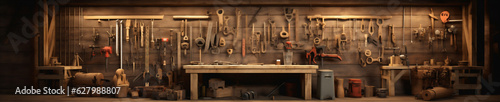 Rustic Wood Shop  Work Shop With Old Rusted Tools Hanging on the Wall  Old Timey Rustic Feel  Generative AI