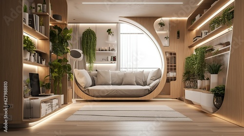 Cozy industrial-style futuristic capsule apartment interior