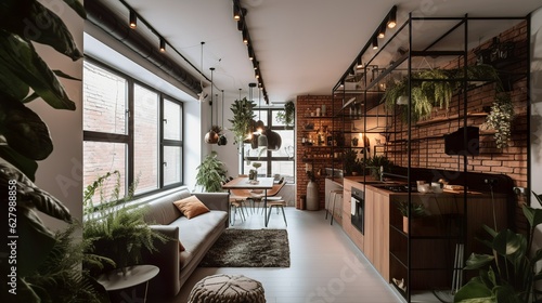 Bohemian style cozy capsule apartment interior with brick wall