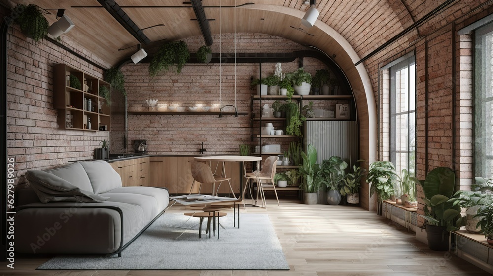 Fototapeta premium Industrial and bohemian style studio apartment interior with wooden details and brick walls