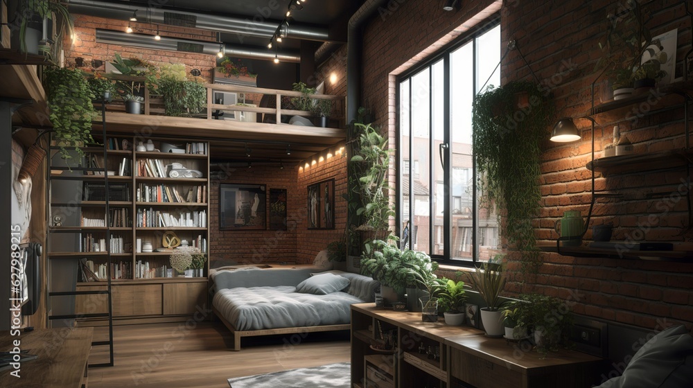 Industrial and bohemian style studio apartment interior with wooden details and brick walls