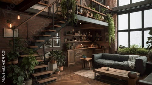 Industrial and bohemian style studio apartment interior with wooden details and brick walls
