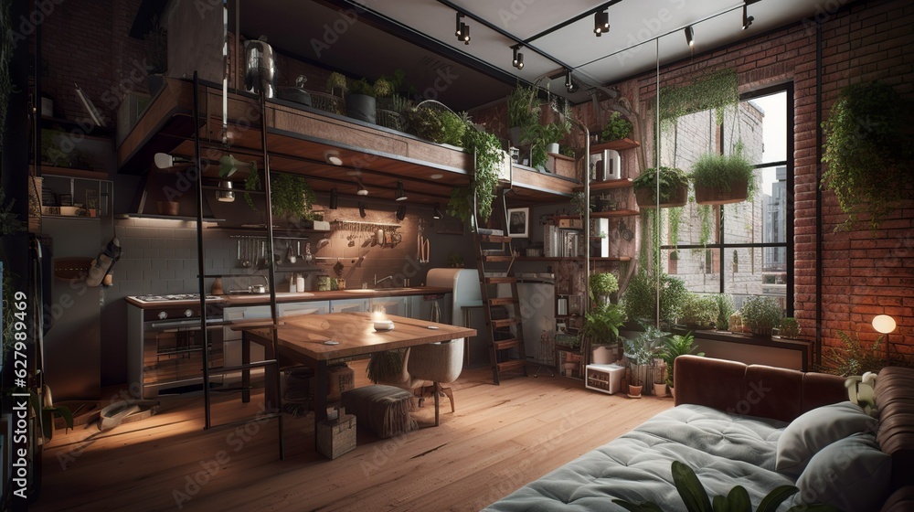 Industrial and bohemian style studio apartment interior with wooden details and plants