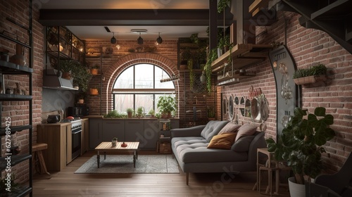 Industrial and bohemian style studio apartment interior with wooden details and plants