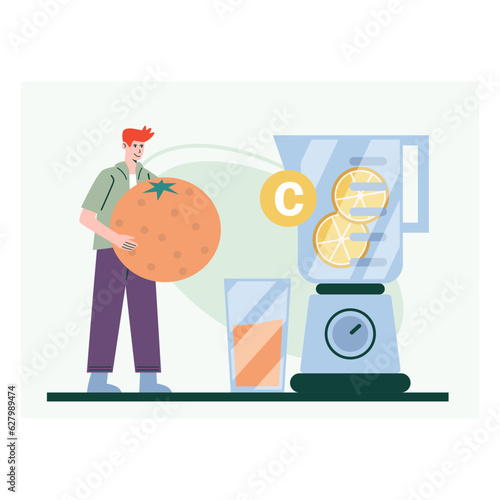 Man standing near blender and preparing tasty drink with natural fruits. Juice with lemons and oranges. Natural ingredients for drink concept. Flat vector illustration in cartoon style