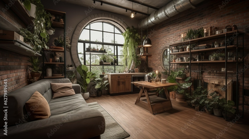 Modern and bohemian style capsule apartment interior with oval window