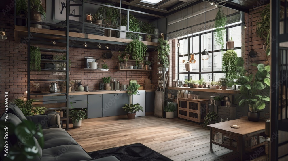 Warm and cozy capsule apartment interior with office Warm and cozy capsule apartment interior with office