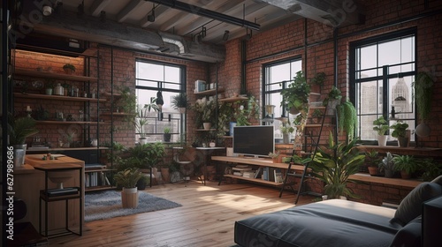 Bohemian style cozy capsule apartment interior with brick wall