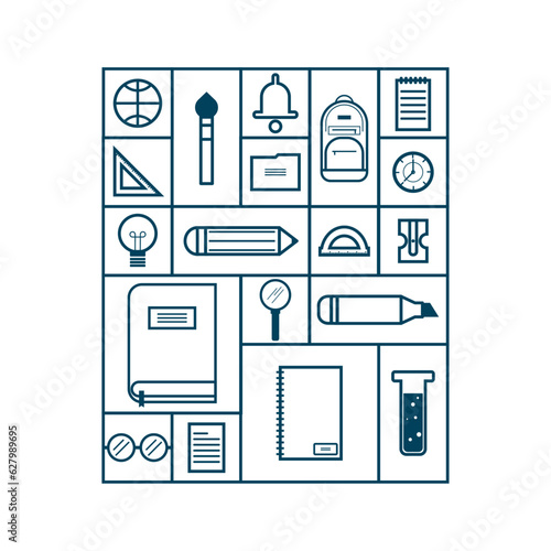 Rentrée scolaire - Fournitures et accessoires pour l'école - Affaires de classe - Outils scolaires - École - Grille - Composition - Éléments autour de la rentrée