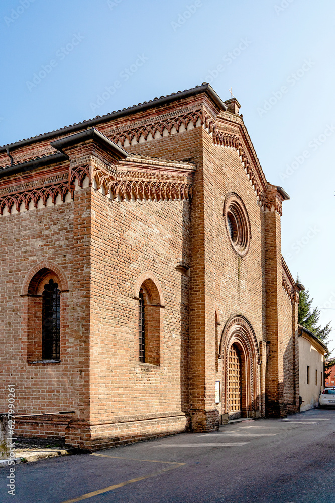 The façade of the church of Santa Croce (Holy Cross), built in the 15th century in Gothic style, in the town center of Fontanellato, province of Parma, Italy