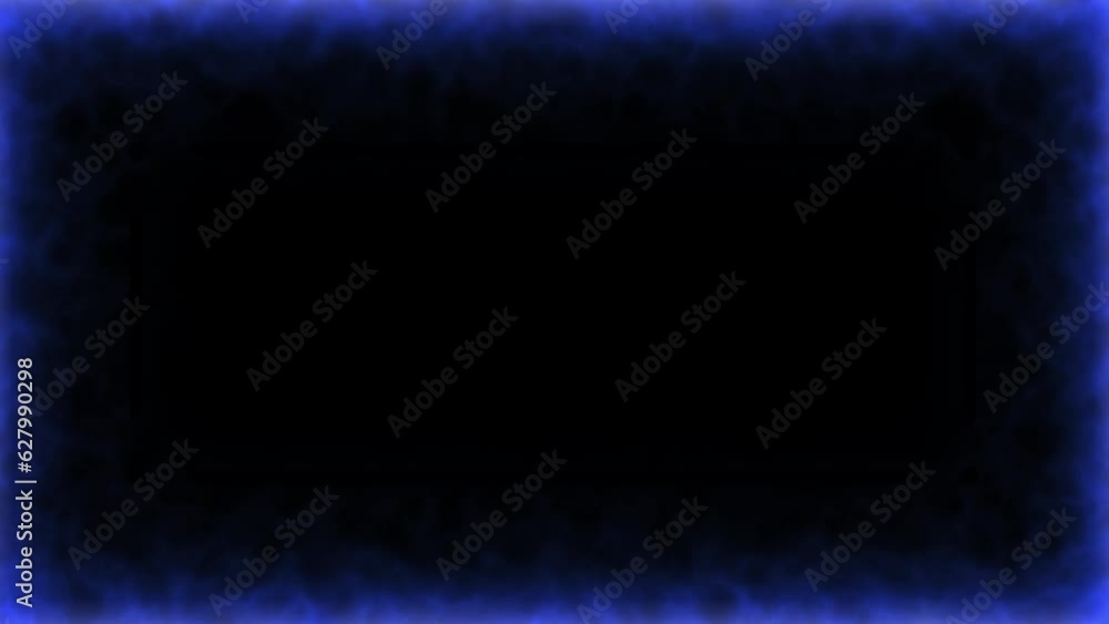 Rectangular blue frame on the edge of the frame of blazing tongues of neon flame on a black background. 3D render. 4k.