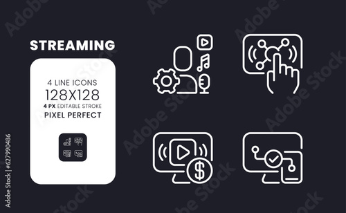 Streaming white linear desktop icons on black. Live interactive content. Digital marketing. Smart TV. Pixel perfect 128x128, outline 4px. Isolated interface symbols pack for dark mode. Editable stroke