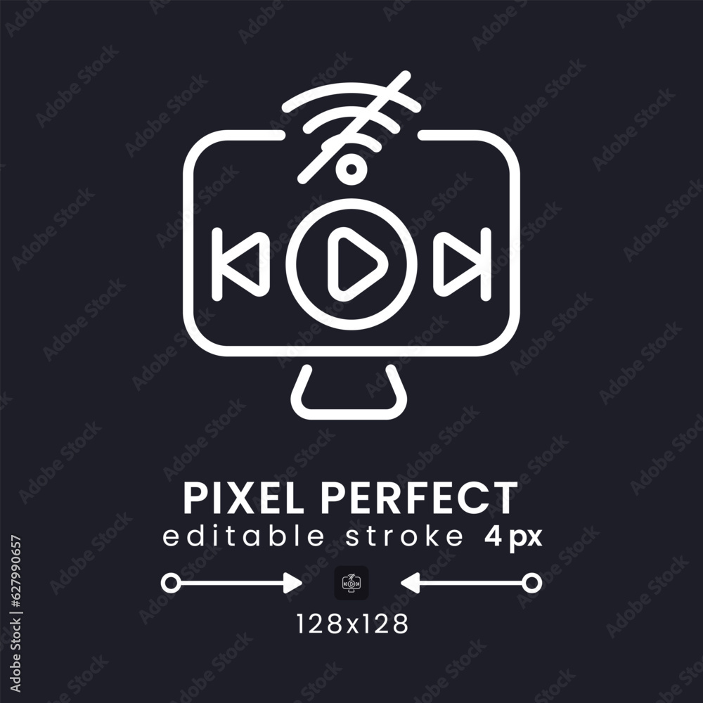 Offline playback white linear desktop icon on black. Streaming platform. Downloading video content. Pixel perfect 128x128, outline 4px. Isolated user interface symbol for dark theme. Editable stroke Offline playback white linear desktop icon on black. Streaming platform. Downloading video content. Pixel perfect 128x128, outline 4px. Isolated user interface symbol for dark theme. Editable stroke