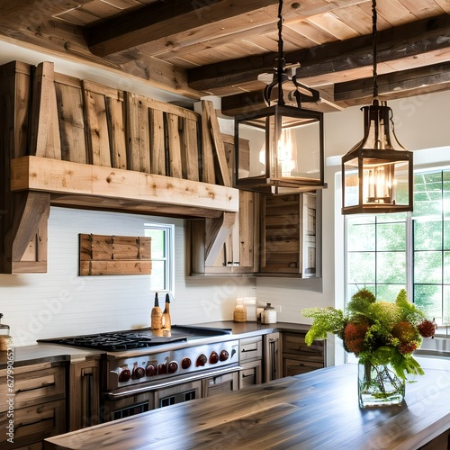 A rustic barn-inspired kitchen with barnwood cabinets, farmhouse sink, and vintage lantern pendant lights3