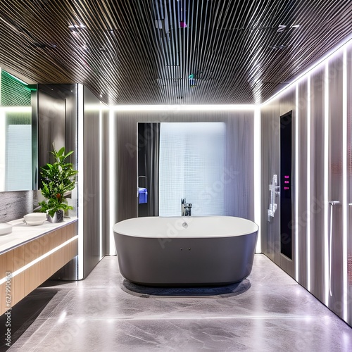 A high-tech smart bathroom with voice-activated mirrors  self-cleaning toilets  and color-changing LED faucets3