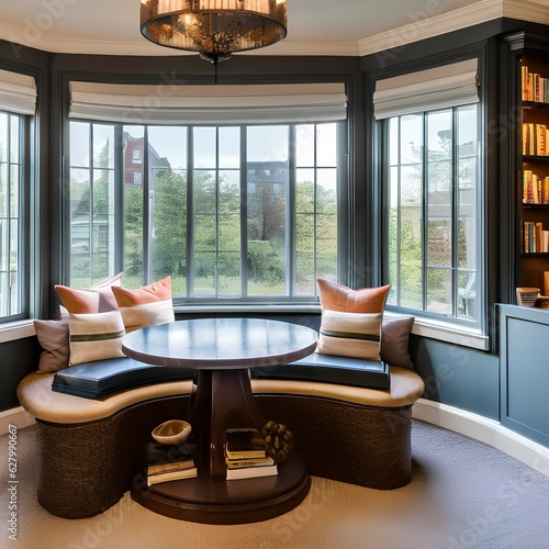 A cozy reading nook inside a bay window with built-in bookshelves and a cushioned bench4