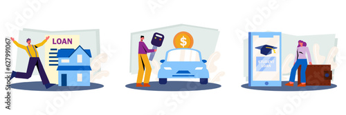 Male running to house. Man borrowed money and bought car. Set of cartoon characters borrow money from the bank to buy valuable things. Easy instant credit concept. Flat vector illustration