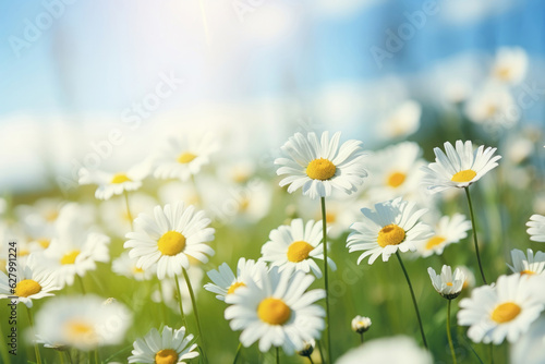 Chamomiles on a sunny summer day in the meadow