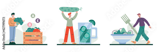 Set of young male select vegetables, prepare juice, going to eat salad. Natural good food, healthy eating concept. Tasty and healthy drink. Choose vegetables and fruits. Flat vector illustration