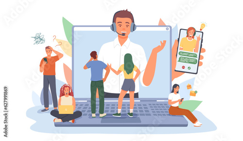 Different clients talking and asking virtual consultant for help. Customer service with virtual consultant. Client support department. Flat vector illustration in cartoon style in blue colors