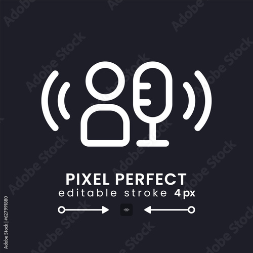 Broadcaster white linear desktop icon on black. Radio speaker. Live streaming. Online podcast. Pixel perfect, outline 4px. Isolated user interface symbol for dark theme. Editable stroke