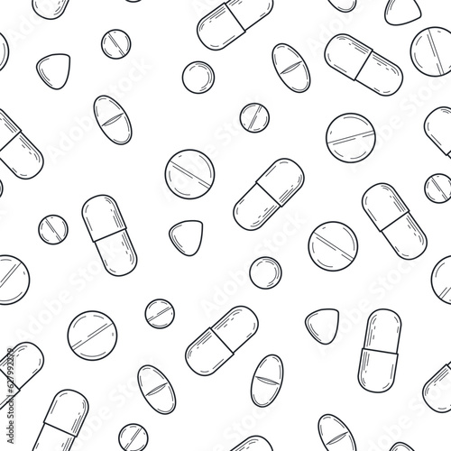 Vector seamless pattern with medical drugs. Capsules and pills hand drawn on white background. 