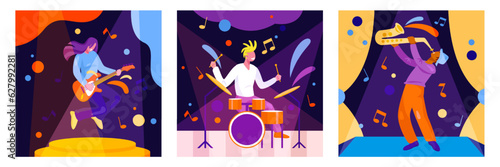 Young woman playing electric guitar. Jazz musician playing saxophone. Man performs on stage and plays drums. Concept of creating music, hobby. Musicians playing on different instruments. Flat vector