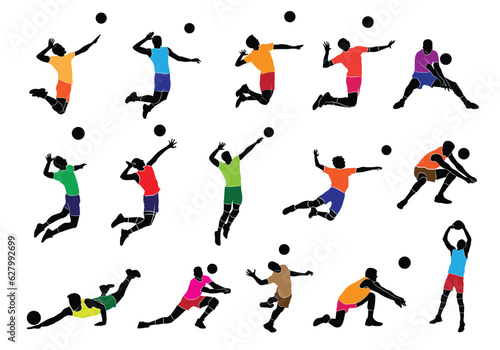 Set of male volleyball players in various poses. Isolated vector silhouettes  team sport and beach volleyball
