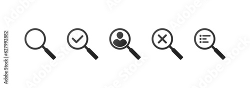 Magnifier icons. Silhouette, black, person search, open menu, search completed. Vector icons