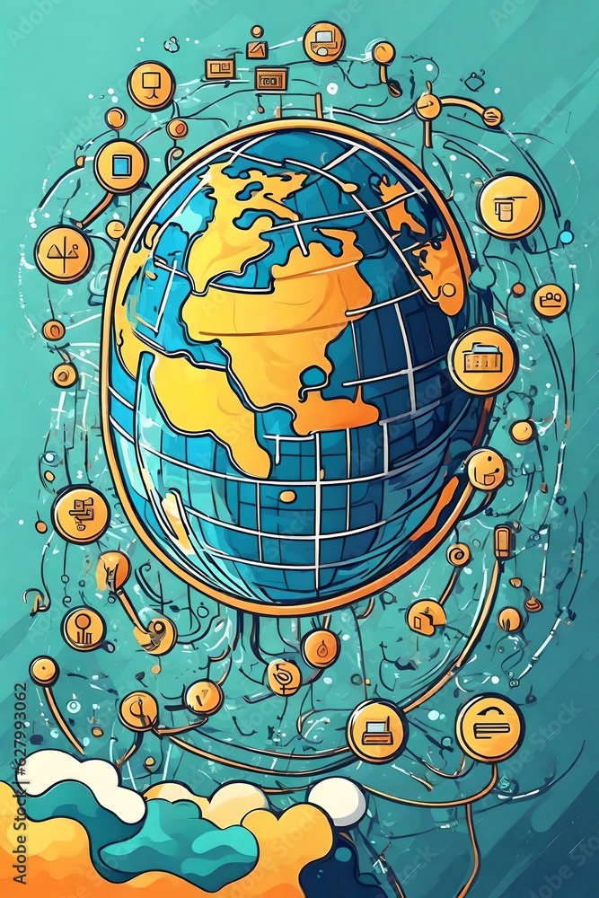 Cartoon image illustrating how the world is interconnected through technology.